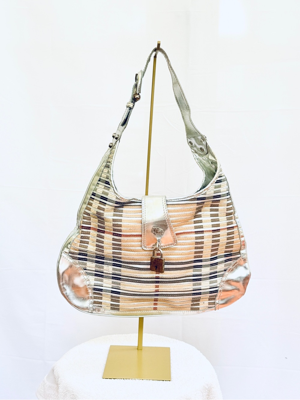 Burberry Silver Metallic & Beige Striped Shoulder Bag